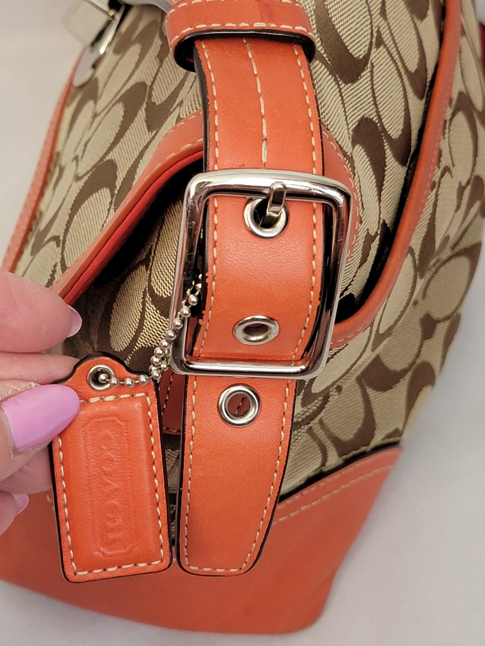 Coach Signature Canvas Crossbody in Tan and Orange Trim - Picture 5 of 15